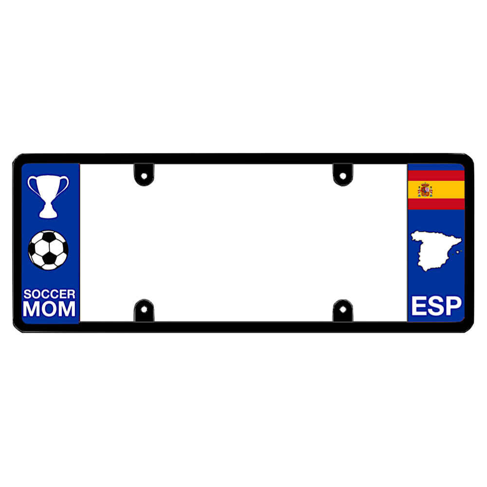 Spanish license plate frame with a soccer mom graphic on the left and a Spain flag on the right by DFS Brands.