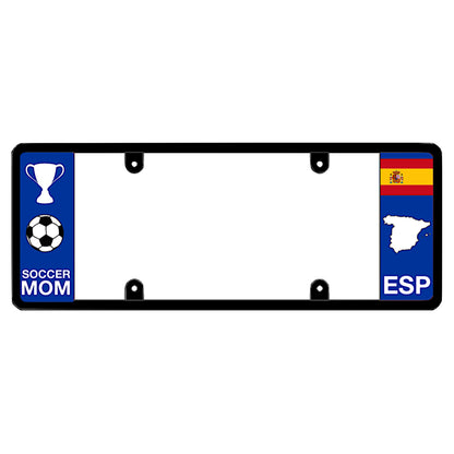 Spanish license plate frame with a soccer mom graphic on the left and a Spain flag on the right by DFS Brands.