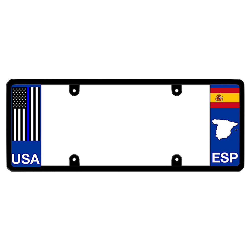 Spanish license plate frame with a thin blue line flag on the left and a Spain flag on the right by DFS Brands.