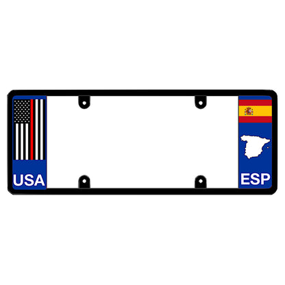Spanish license plate frame with a thin red line flag on the left and a Spain flag on the right by DFS Brands.