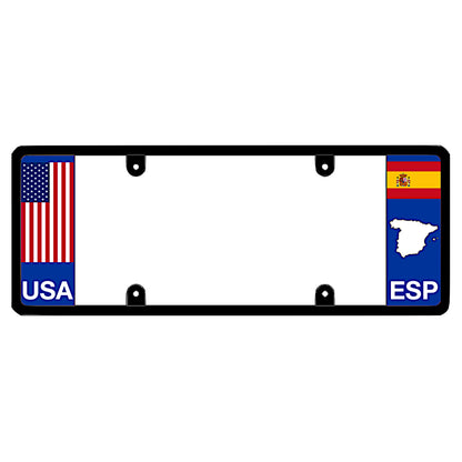 Espana license plate frame with a USA flag graphic on the left and a Spain flag on the right by DFS Brands.
