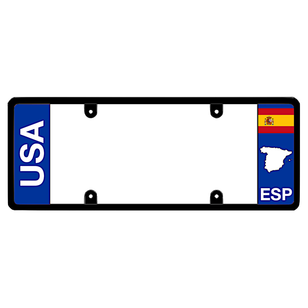 Spanish license plate frame with bold vertical USA text on the left and a Spain flag on the right by DFS Brands.