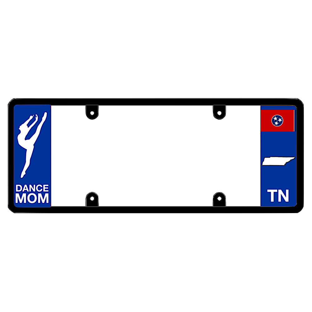 Tennessee license plate frame dance mom bracket by DFS, the official license frame of America. Drive your identity with custom auto trim featuring a graceful ballet dancer silhouette decal combined with a tri-star TN state design motif.