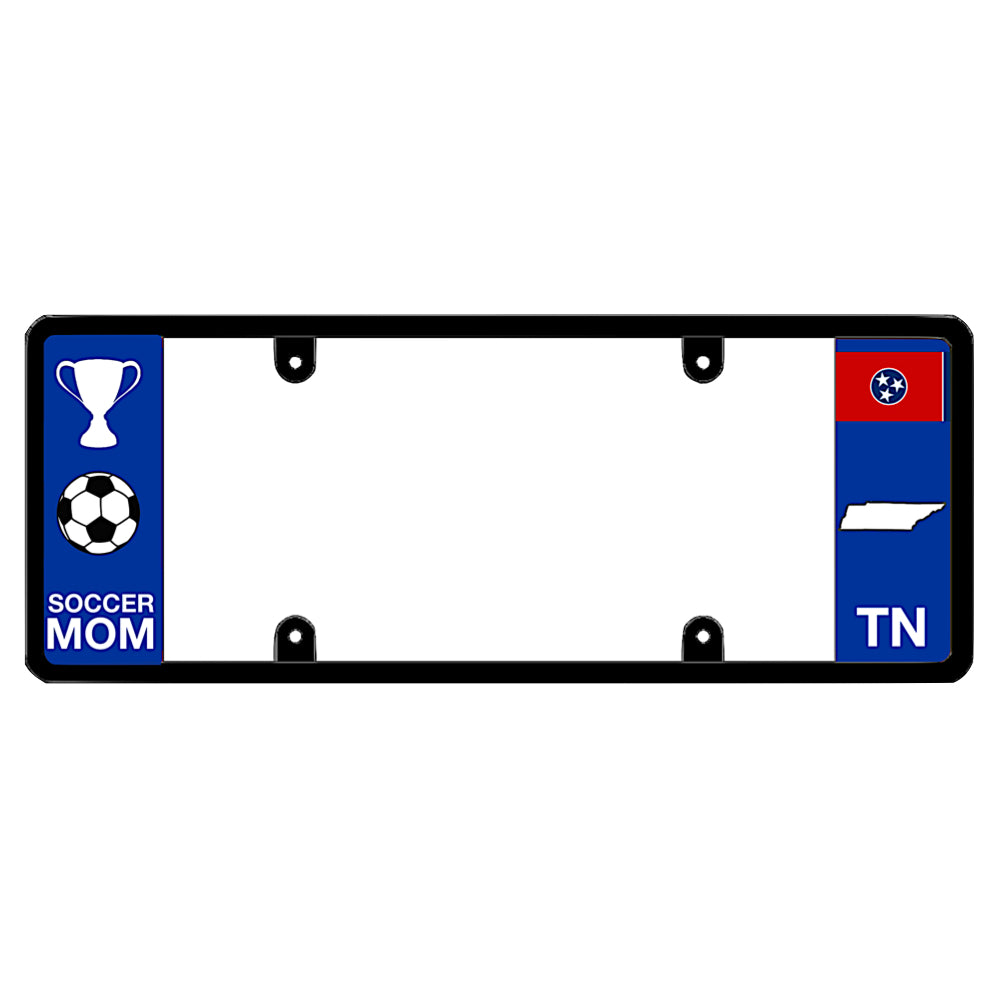 Tennessee license plate frame soccer mom wrap by DFS, the official license frame of America. Drive your identity with minivan exterior accessories carrying a sports trophy and football print beside a blue TN state flag icon.