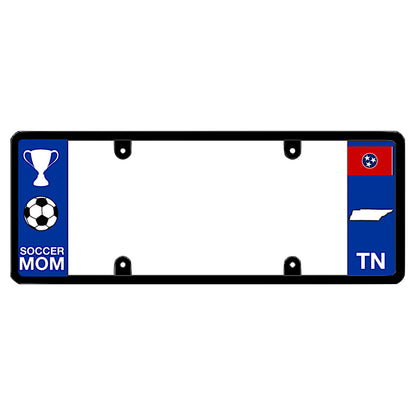 Tennessee license plate frame soccer mom wrap by DFS, the official license frame of America. Drive your identity with minivan exterior accessories carrying a sports trophy and football print beside a blue TN state flag icon.