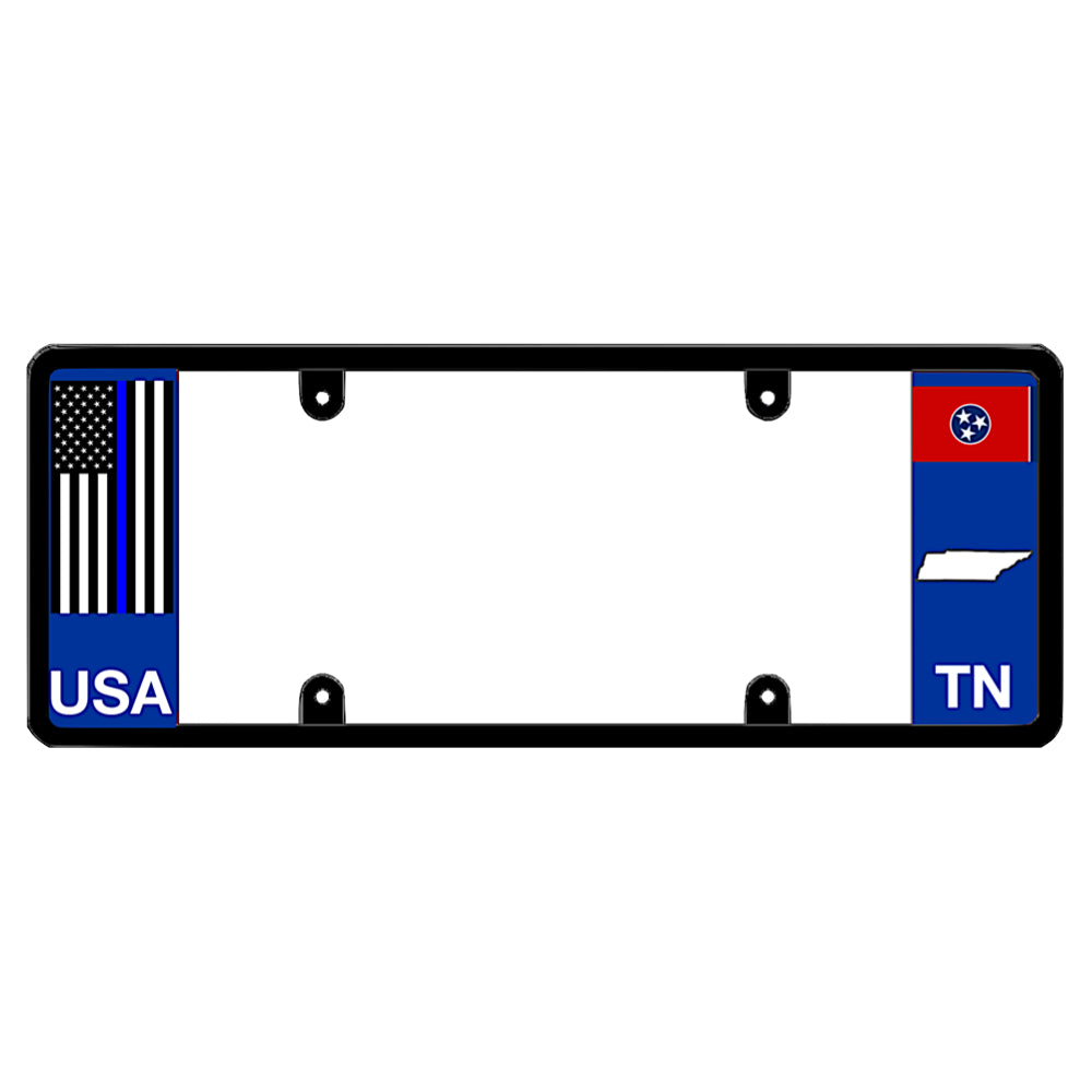 Tennessee license plate frame thin blue line auto rim by DFS, the official license frame of America. Drive your identity with police officer tribute gear showing a blacked-out pro-law enforcement banner pattern and local TN state graphics.