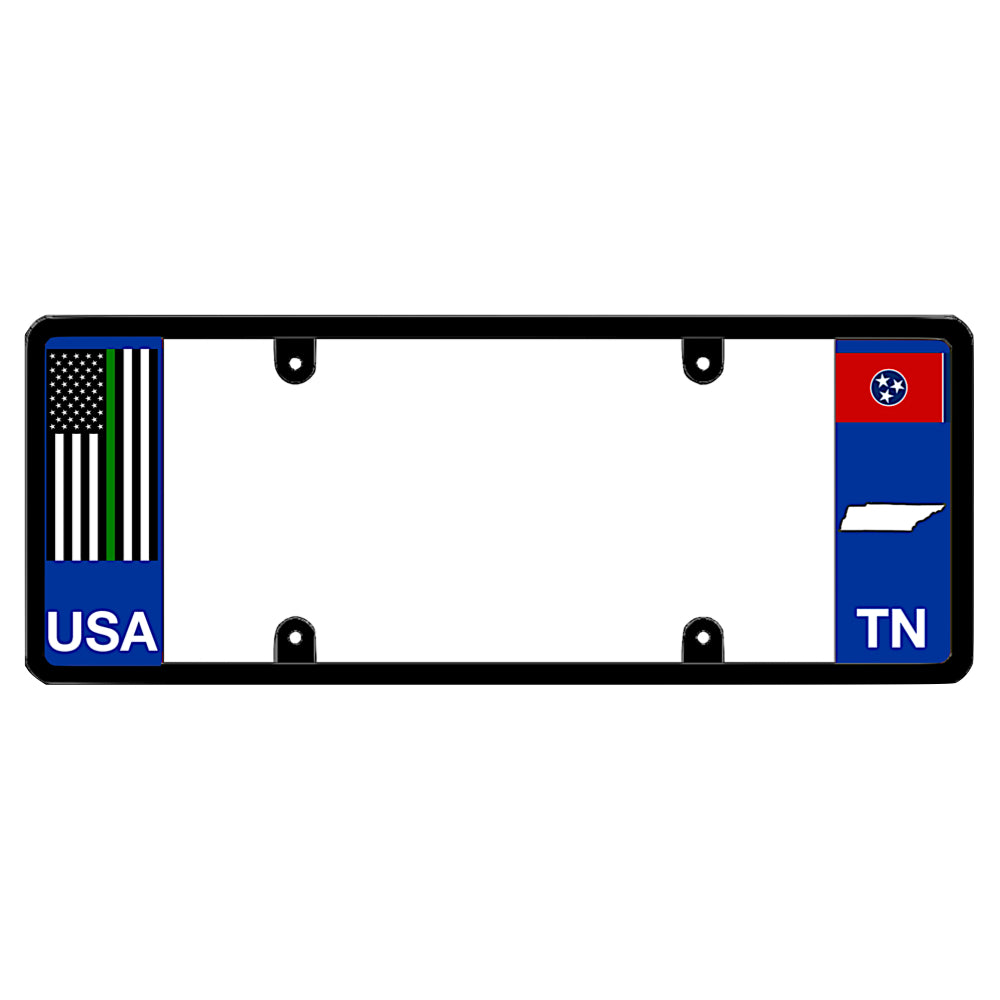 Tennessee license plate frame thin green line guard by DFS, the official license frame of America. Drive your identity using armed forces military support car merchandise with a tactical stripe design and TN state emblem profile.