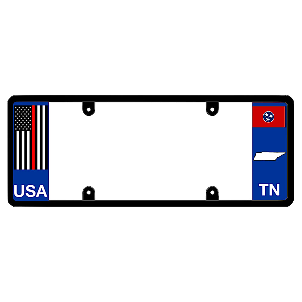 Tennessee license plate frame thin red line vehicle hardware by DFS, the official license frame of America. Drive your identity with a volunteer firefighter commemorative item boasting an emergency services emblem stripe next to TN state iconography.
