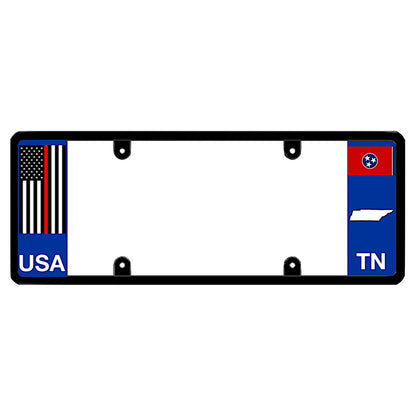 Tennessee license plate frame thin red line vehicle hardware by DFS, the official license frame of America. Drive your identity with a volunteer firefighter commemorative item boasting an emergency services emblem stripe next to TN state iconography.