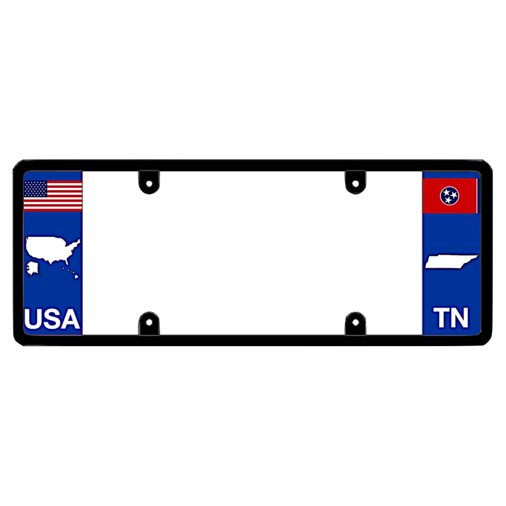 Tennessee license plate frame with horizontal USA flag and United States map graphic by DFS, the official license frame of America. Drive your identity using a patriotic automotive shield matching a blue TN state emblem cutout layout.