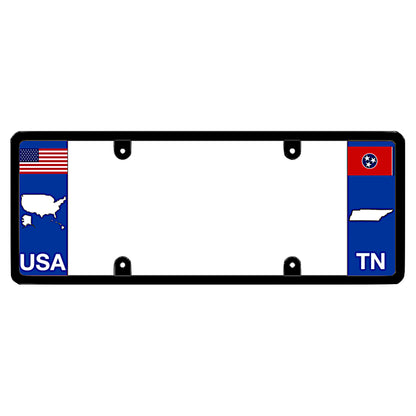 Tennessee license plate frame with horizontal USA flag and United States map graphic by DFS, the official license frame of America. Drive your identity using a patriotic automotive shield matching a blue TN state emblem cutout layout.
