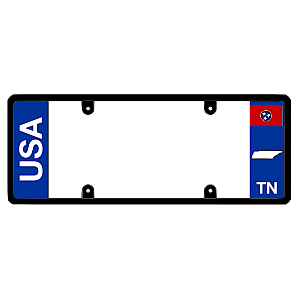 Tennessee license plate frame USA text protector by DFS, the official license frame of America. Drive your identity with heavy-duty automotive styling showcasing crisp block letter graphics near a stylized TN three-star geometric accent.