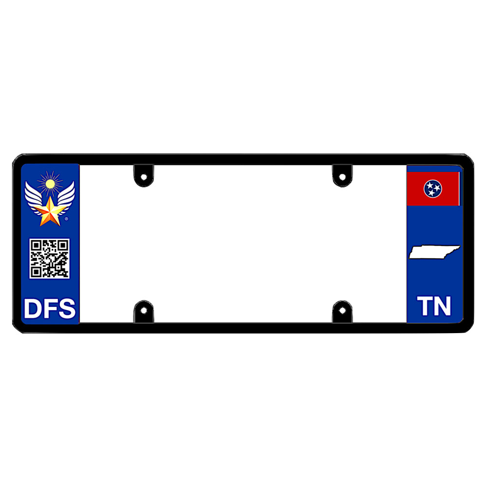 Tennessee license plate frame custom badge by DFS, the official license frame of America. Drive your identity with a high-tech car frame displaying DFS logo medal, scan code, and distinct TN state local geometry theme.