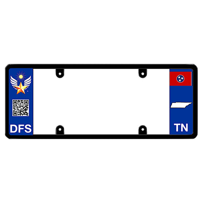 Tennessee license plate frame custom badge by DFS, the official license frame of America. Drive your identity with a high-tech car frame displaying DFS logo medal, scan code, and distinct TN state local geometry theme.