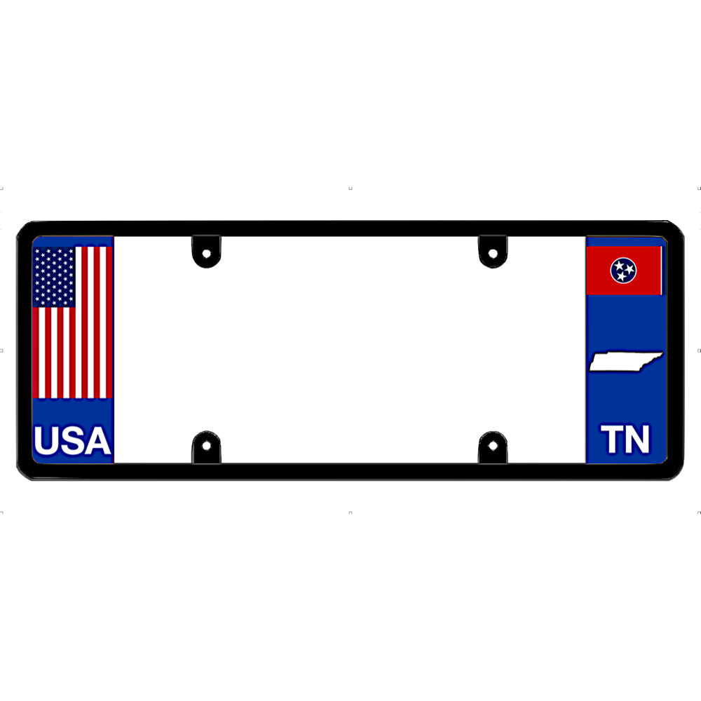 Tennessee license plate frame USA flag border by DFS, the official license frame of America. Drive your identity with unique truck accessories featuring old glory red white and blue coloring alongside a bold TN state crest background.