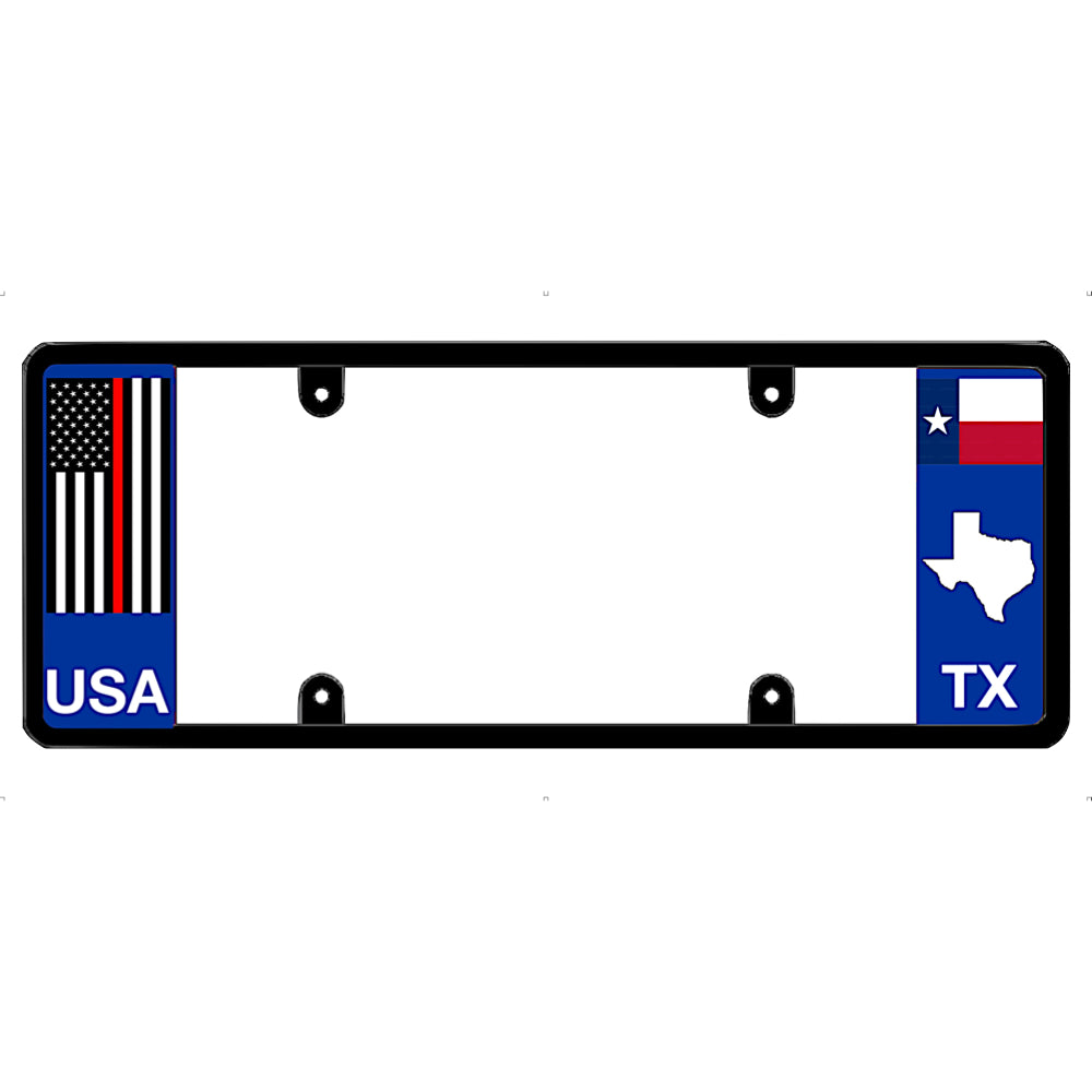Thin red line license plate frame with USA and Texas designs on a white background