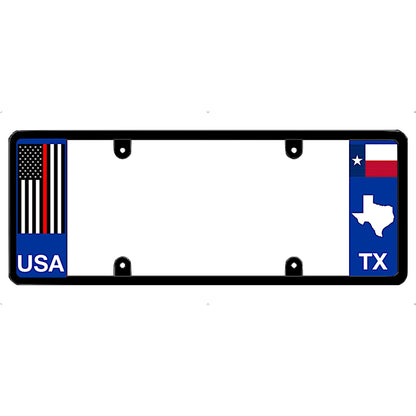 Thin red line license plate frame with USA and Texas designs on a white background