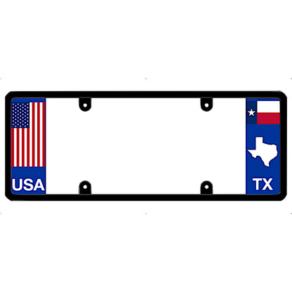 Texas License plate frame with USA and Texas designs on a white background