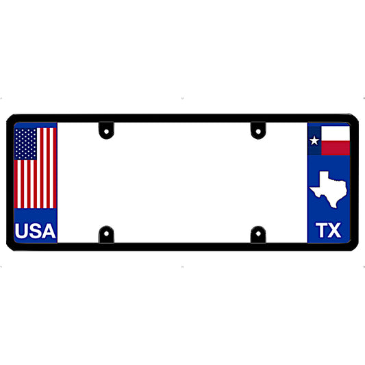 Texas License plate frame with USA and Texas designs on a white background