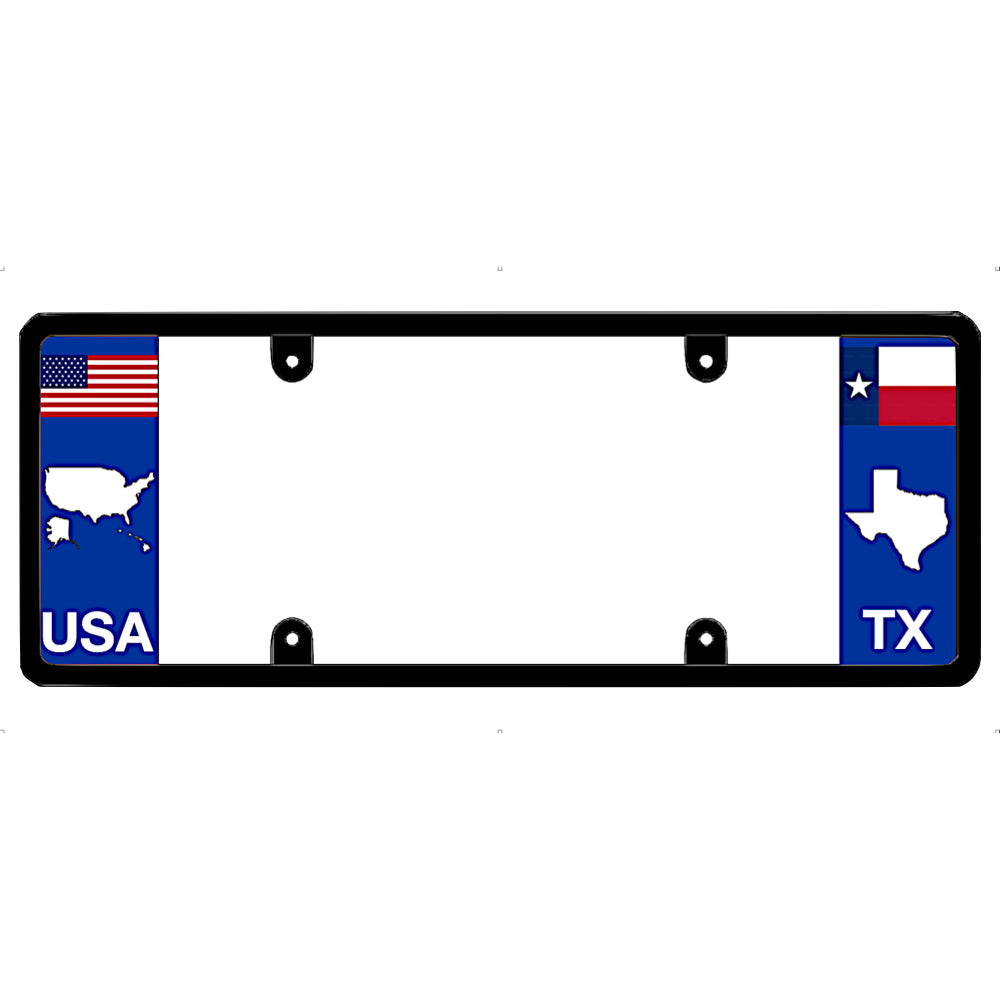 Texas license plate frame with USA and Texas flags on a white background