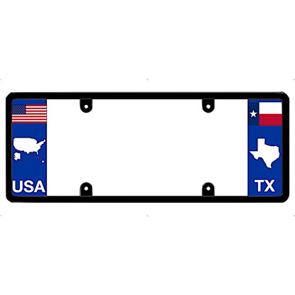 Texas license plate frame with USA and Texas flags on a white background