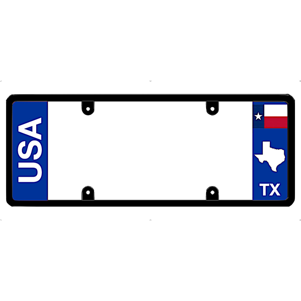 Texas License plate frame with 'USA' and Texas flag design on a white background