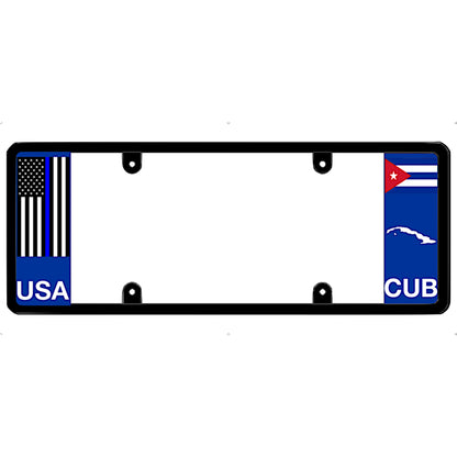 Thin blue line license plate frame with USA and Cuba flags on a white background