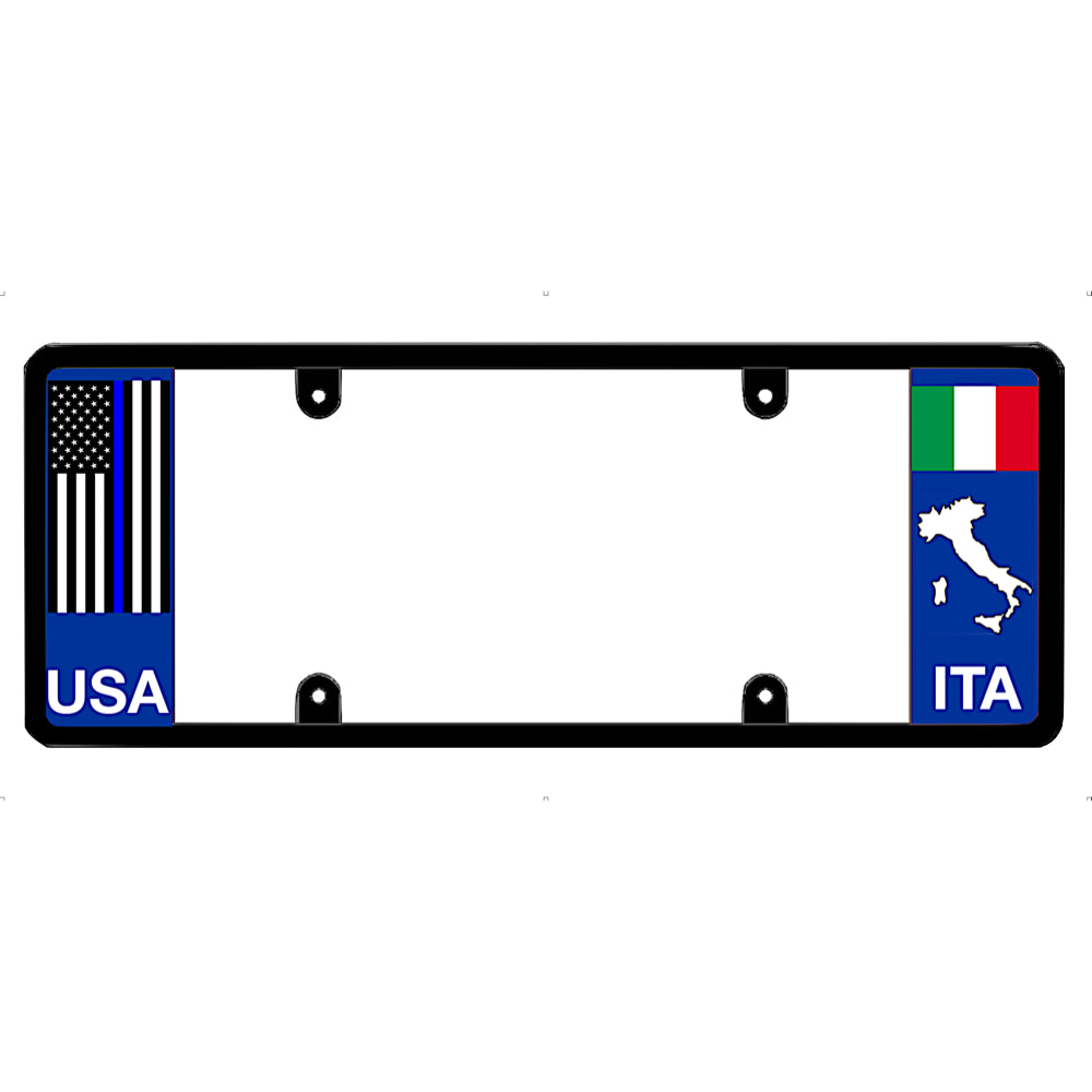 Thin blue line license plate frame with USA and Italy flags on a white background
