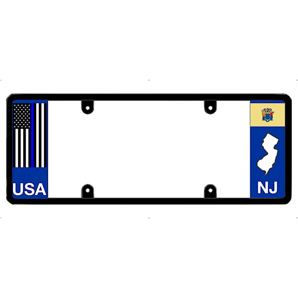 Thin blue line license plate frame with USA and NJ flags on a white background