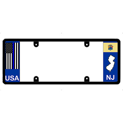 Thin blue line license plate frame with USA and NJ flags on a white background