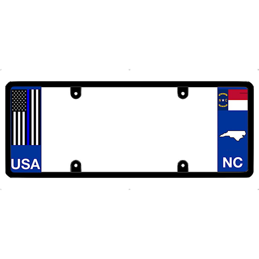 Thin blue line license plate frame with USA and North Carolina flags on a white background