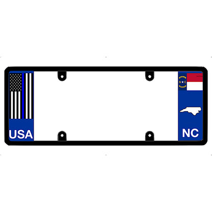 Thin blue line license plate frame with USA and North Carolina flags on a white background