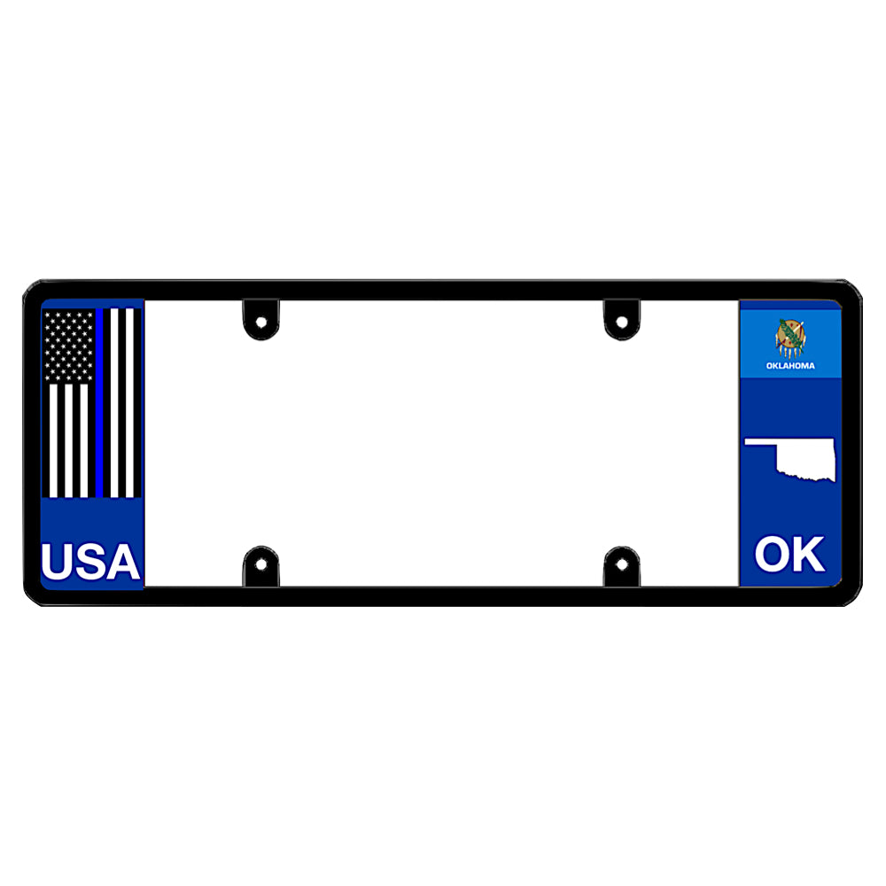 Thin Blue Line law enforcement support plate holder with Oklahoma map silhouette, proud police heritage gift.