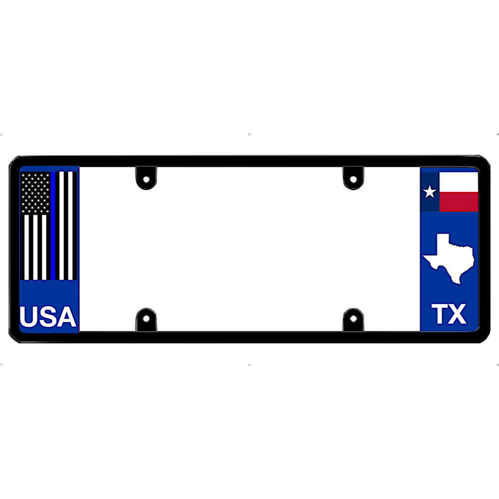 Thin blue line liicense plate frame with USA and Texas designs on a white background