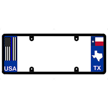 Thin blue line liicense plate frame with USA and Texas designs on a white background