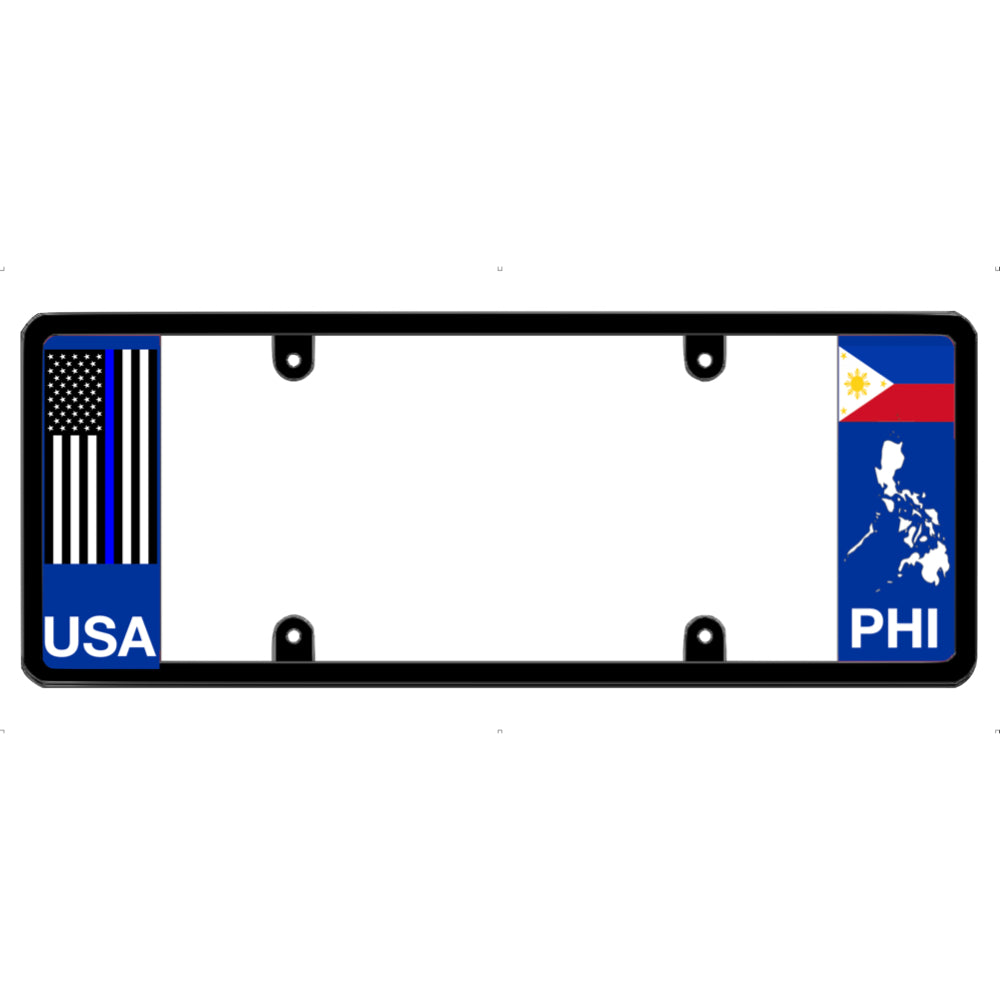 Thin blue line license plate frame with USA and PHI flags on a white background
