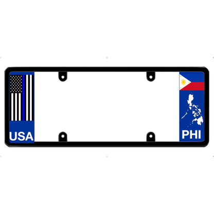 Thin blue line license plate frame with USA and PHI flags on a white background