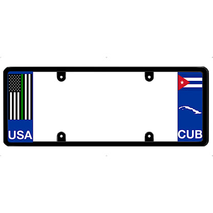Thin green line license plate frame with USA and Cuba flags on a white background