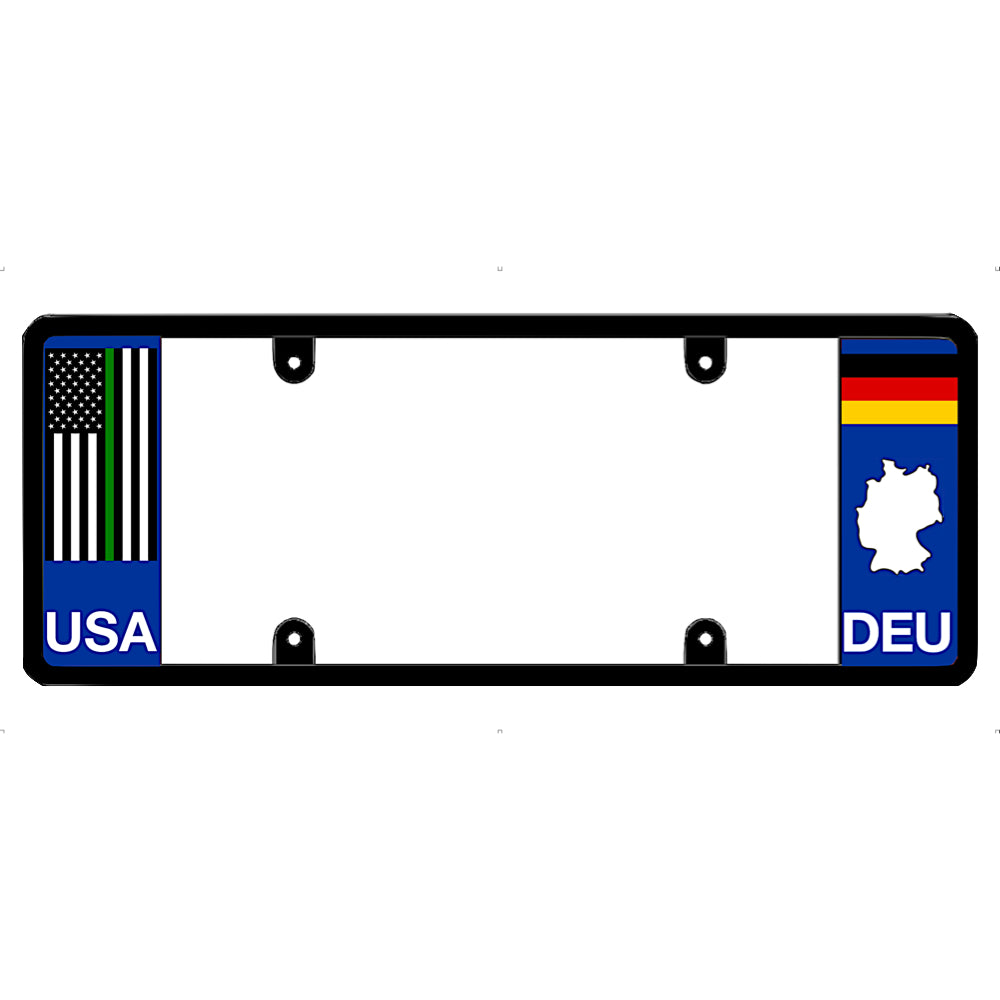 Thin green line license plate frame with USA and DEU (Germany) flags on a white background