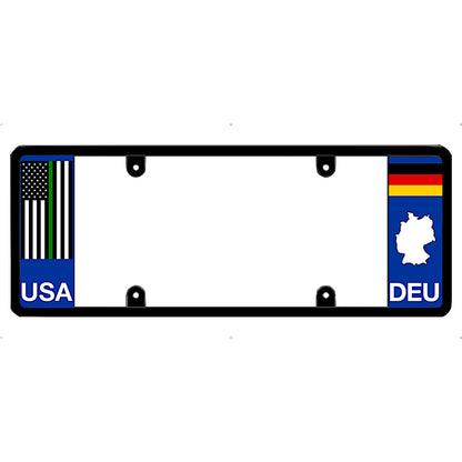Thin green line license plate frame with USA and DEU (Germany) flags on a white background