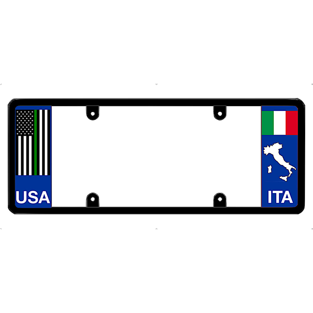 Thin green line license plate frame with USA and Italy flags on a white background