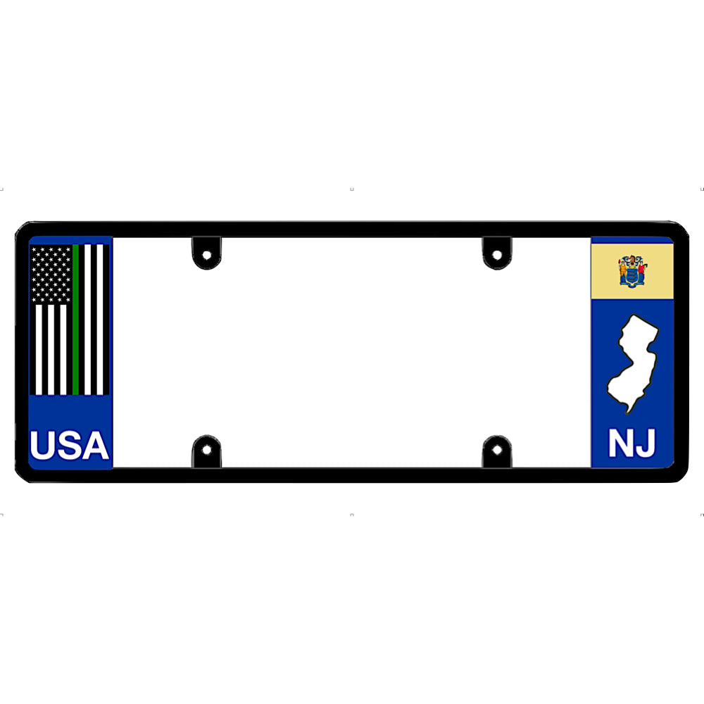 Thin green line license plate frame with USA and NJ (New Jersey) designs on a white background