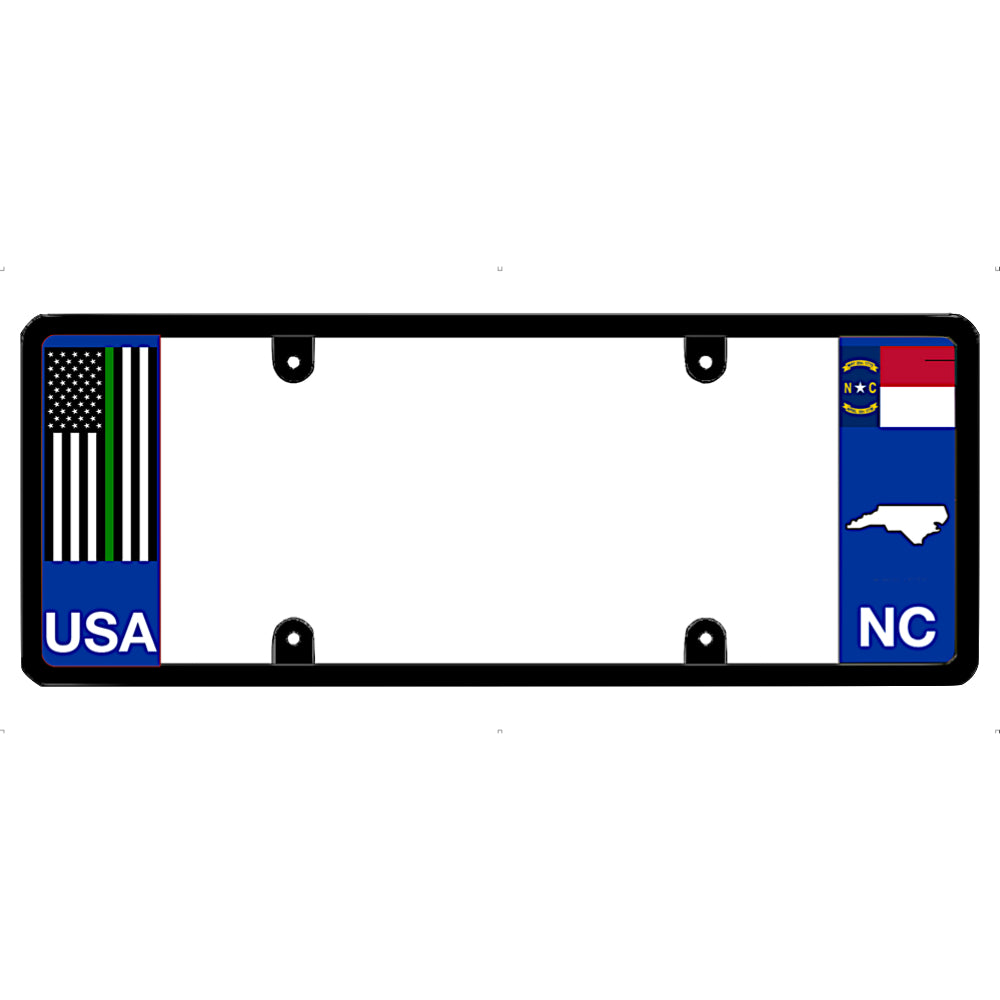 Thin green line license plate frame with USA and North Carolina designs on a white background