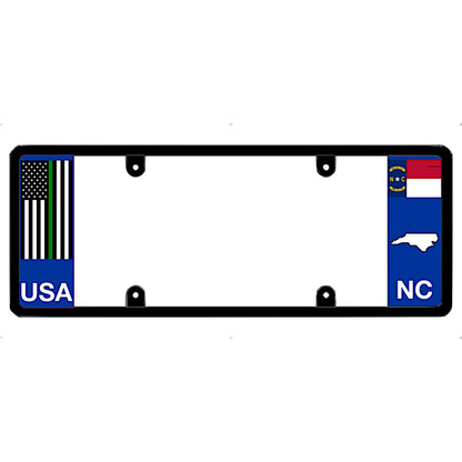 Thin green line license plate frame with USA and North Carolina designs on a white background