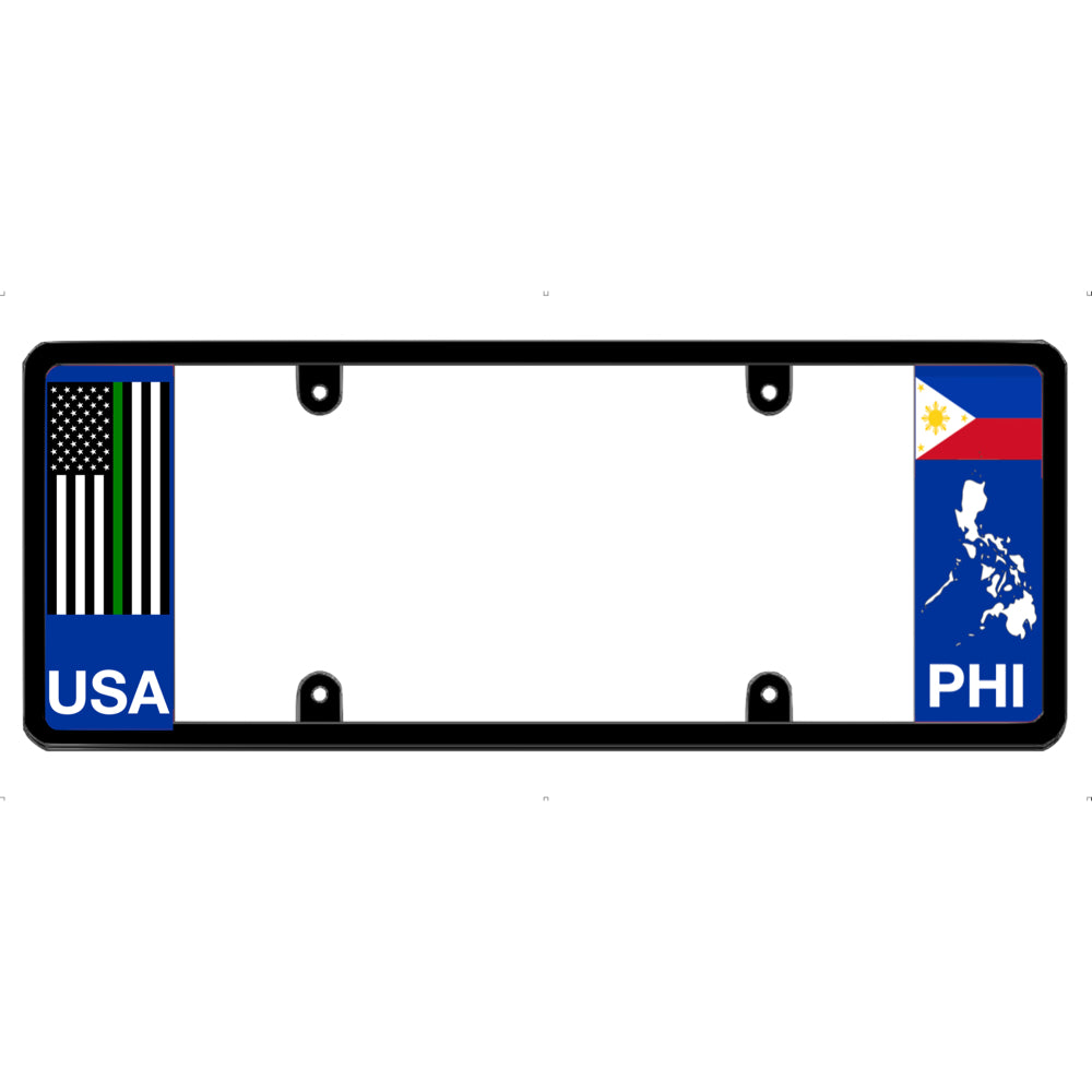 Thin green line license plate frame with USA and PHI (Philippines) flags on a white background