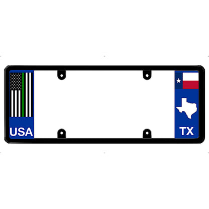 Thin green line license plate frame with Texas and USA designs on a white background