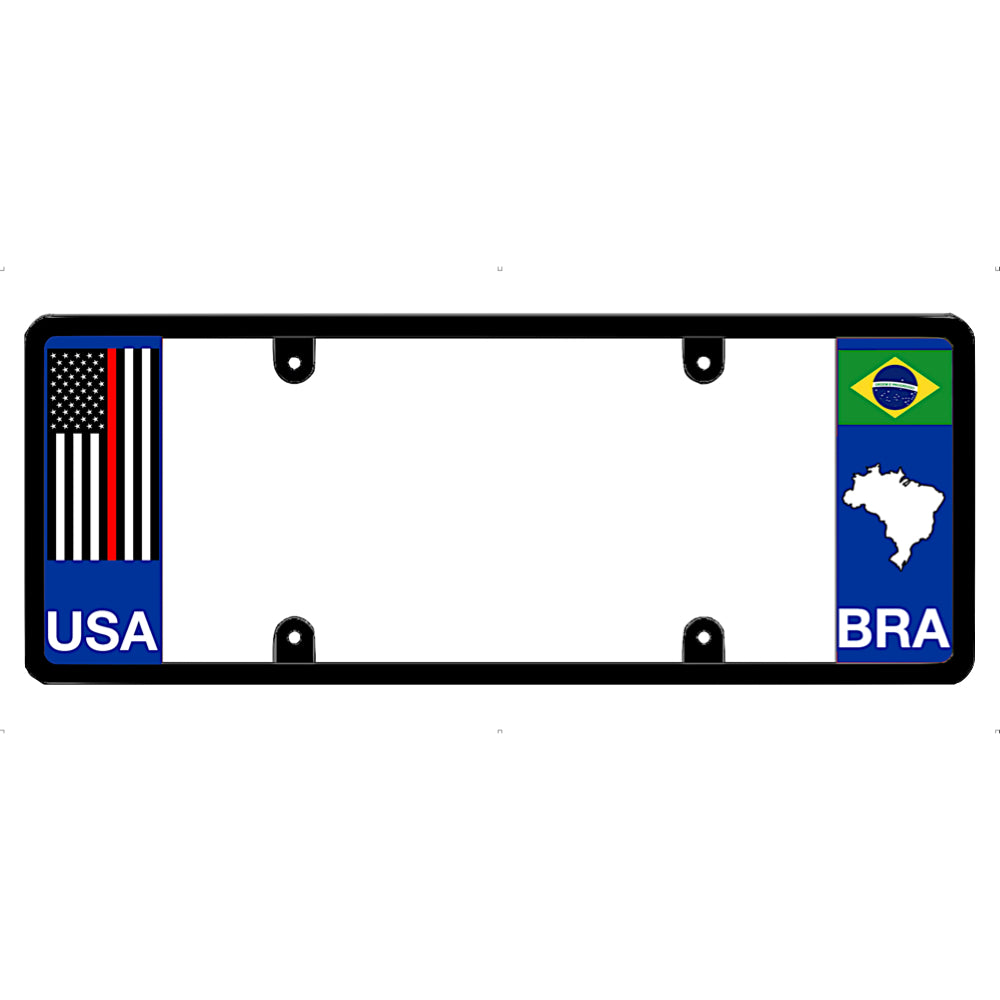 Thin red line license plate frame with USA and Brazil flags on a white background