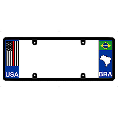 Thin red line license plate frame with USA and Brazil flags on a white background