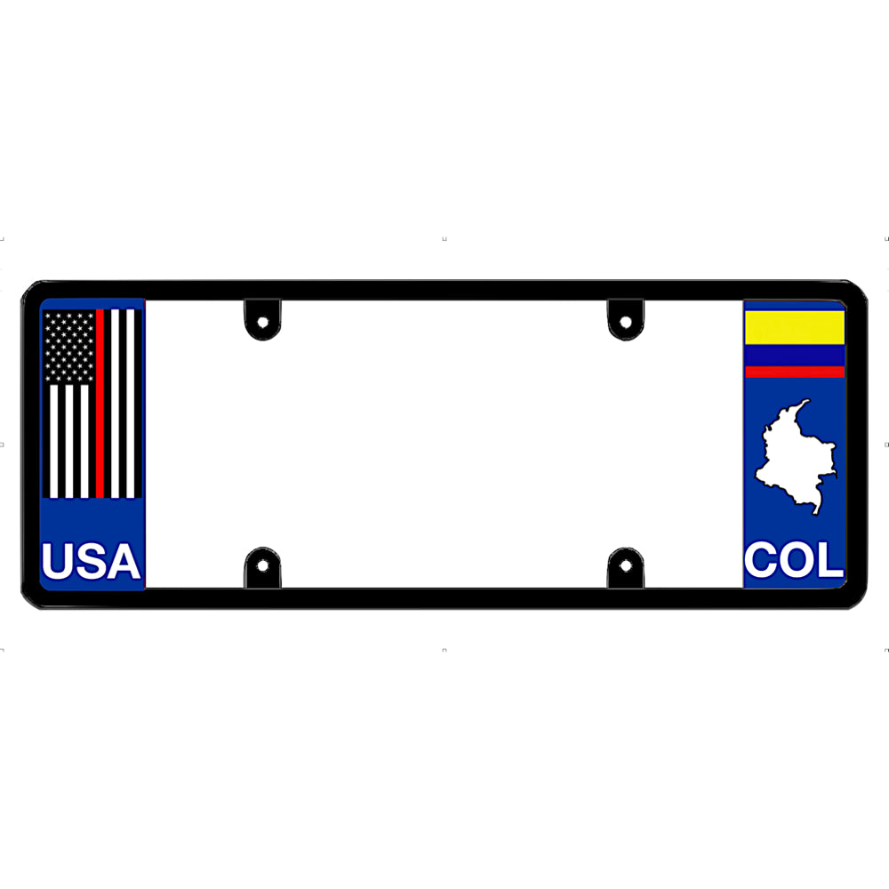 Thin red line license plate frame with USA and Colombia flags on a white background