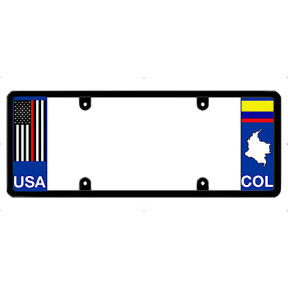 Thin red line license plate frame with USA and Colombia flags on a white background